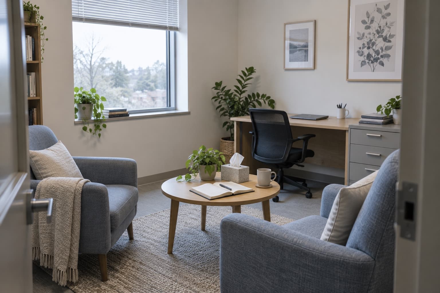 A small school counselling office between appointments: two soft chairs angled toward a low table with an open notebook, a plant and a box of tissues, daylight through a blind.