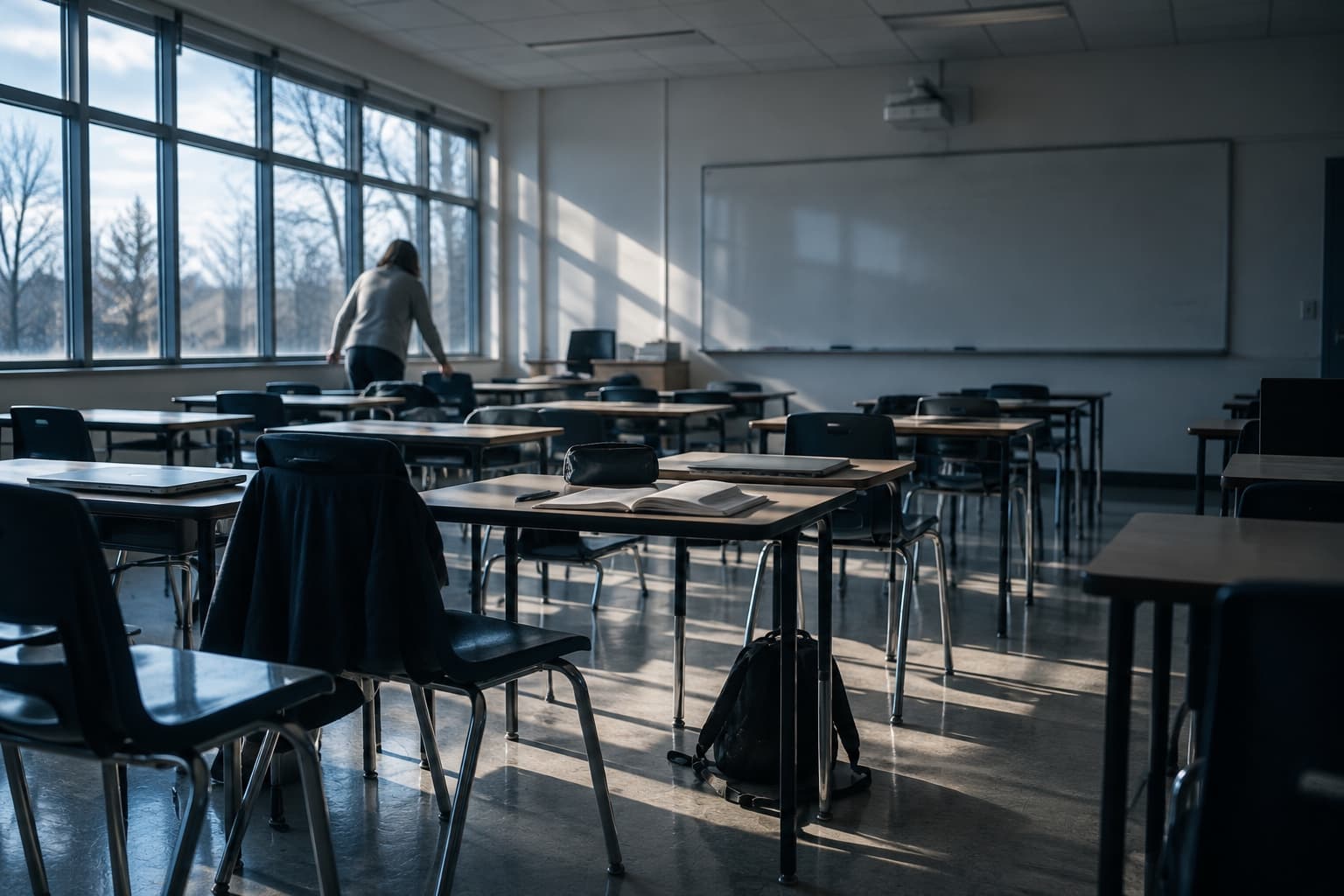 A secondary classroom between sessions: desks and chairs in cool afternoon light, a jacket over a chair back, and a teacher at the windows with their back to camera.