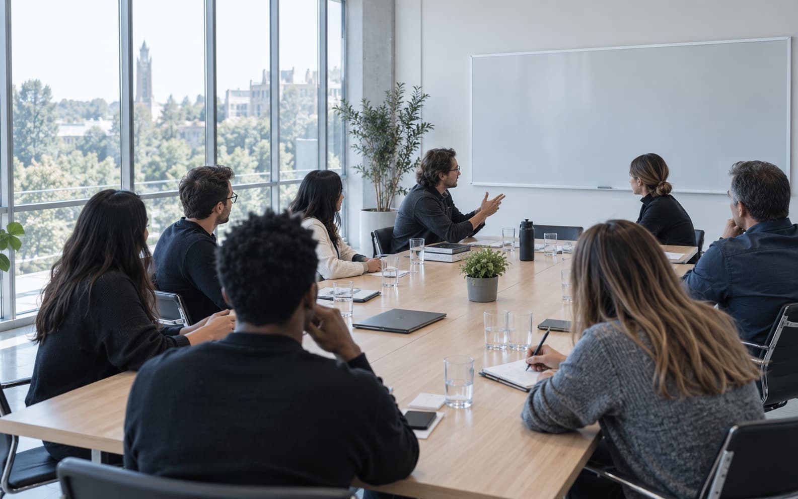 A seminar room mid-discussion: adults seated around a large table, one speaking, daylight from a window wall with a campus building beyond.