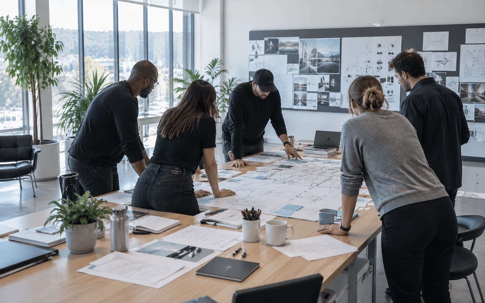 A studio working session: five people standing around a large table covered with printed diagrams and sticky notes, daylight from a window wall, a pinboard of sheets behind them.
