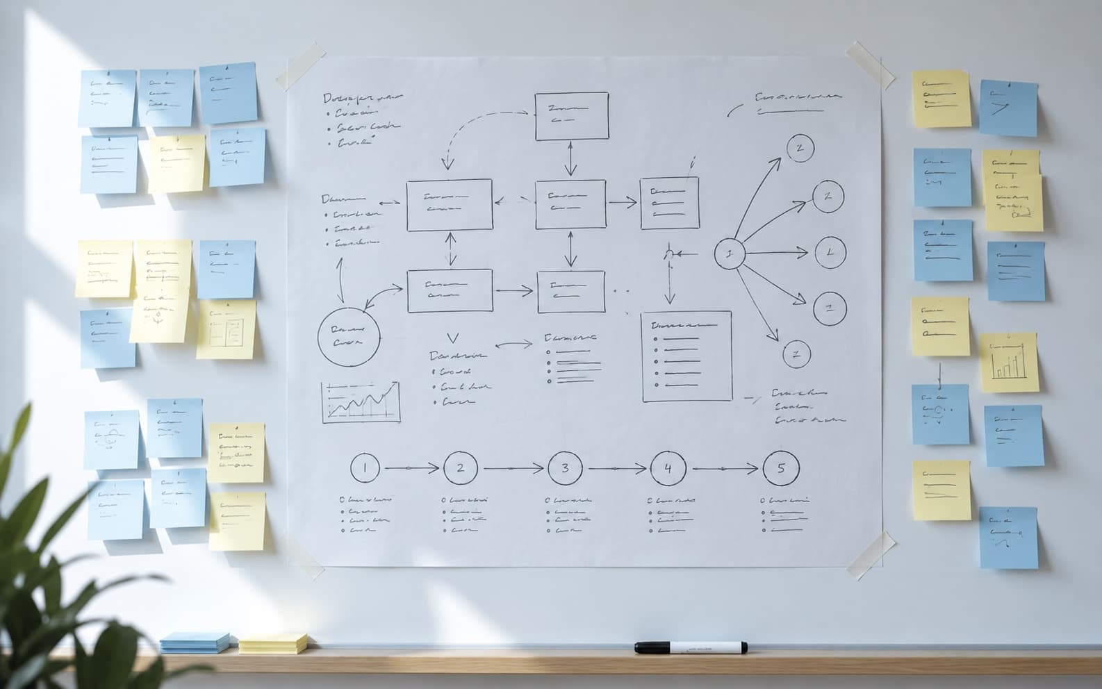 A workshop wall at the end of a design session: a large hand-drawn diagram of connected boxes and a numbered sequence, flanked by columns of sticky notes.